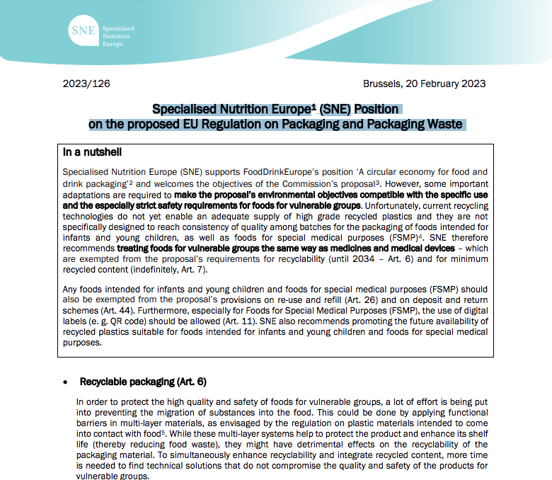 Specialised Nutrition Europe (SNE) Position on the proposed EU Regulation on Packaging and Packaging Waste